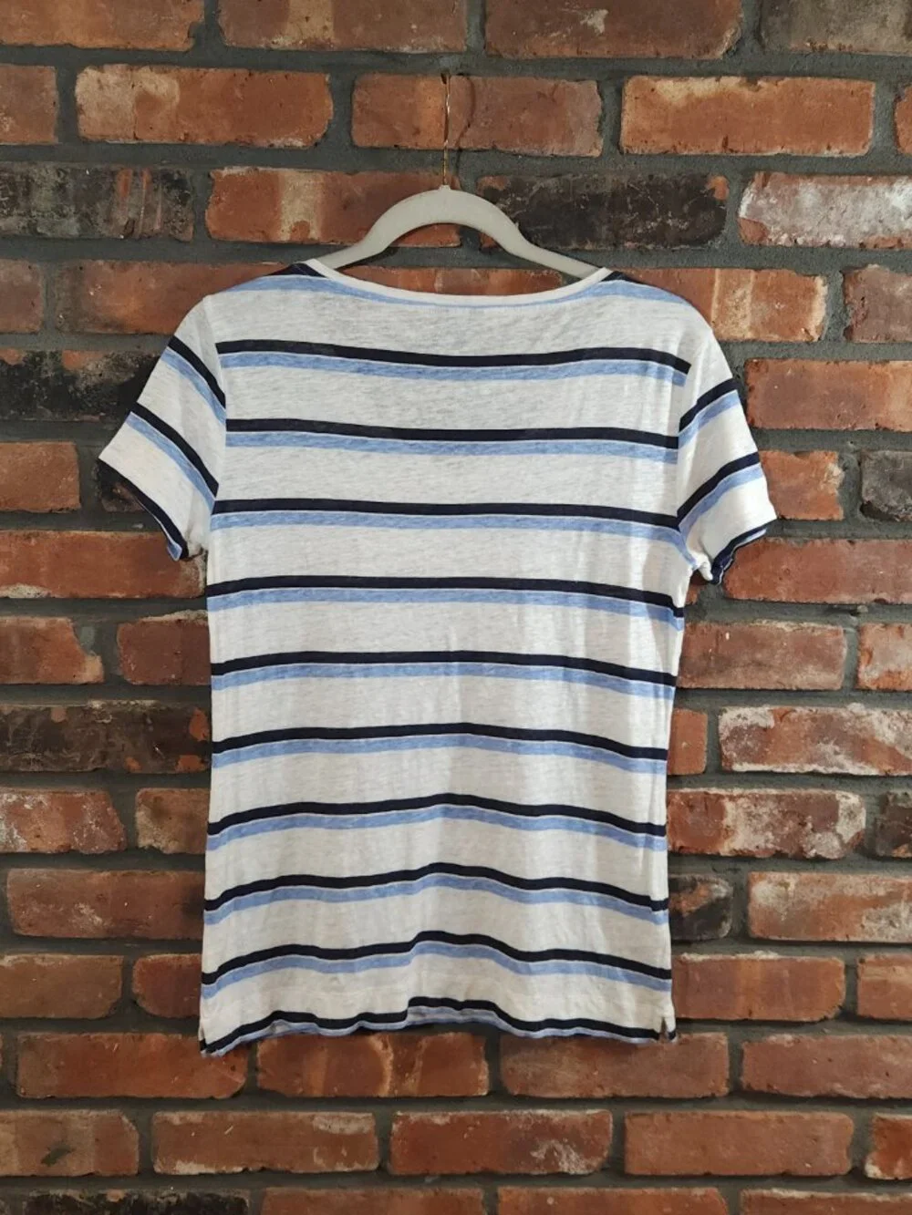 Ann Taylor 100% Linen Short Sleeve Striped V-neck T-shirt Coastal Women's M - Picture 4 of 6